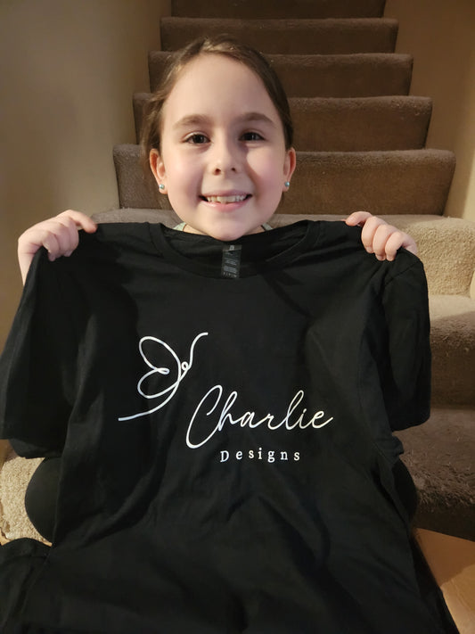 Charlie Designs White Logo Tshirt Adult Sizes